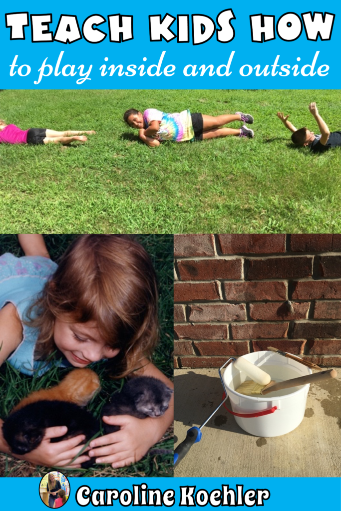 Kids playing games: kids rolling down a hill, girl smiling and holding kittens, and kids playing painting.
