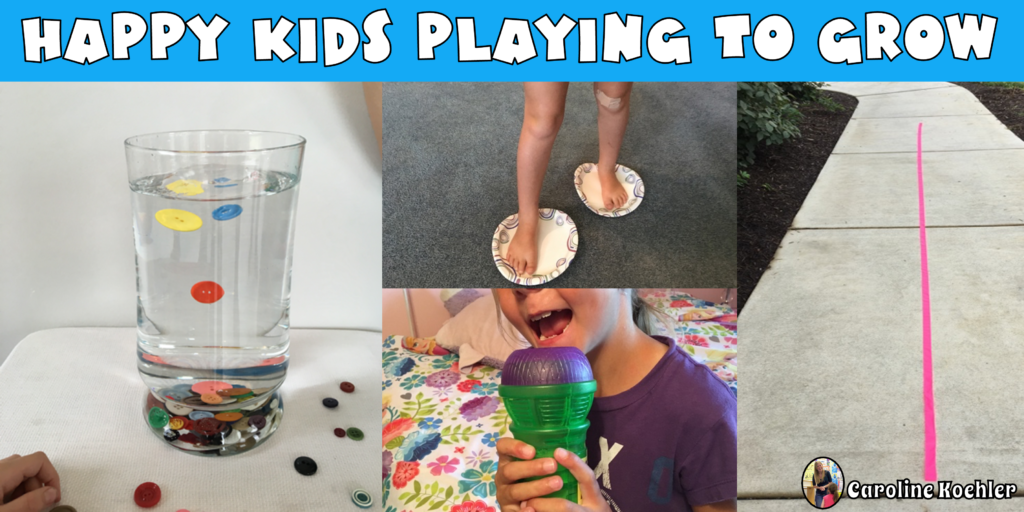 Kids playing inside with button plunge, paper plate skating, and singing into a microphone.