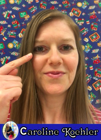 Caroline Koehler pointing at her eyes as a cue for look at me.
