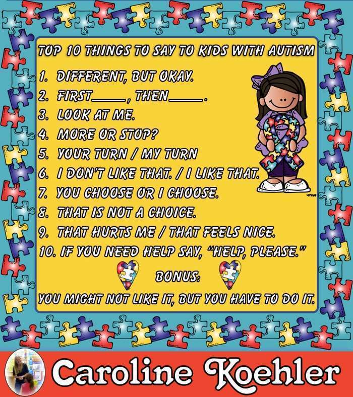 Top 10 things to say to kids with autism list poster with puzzle piece border