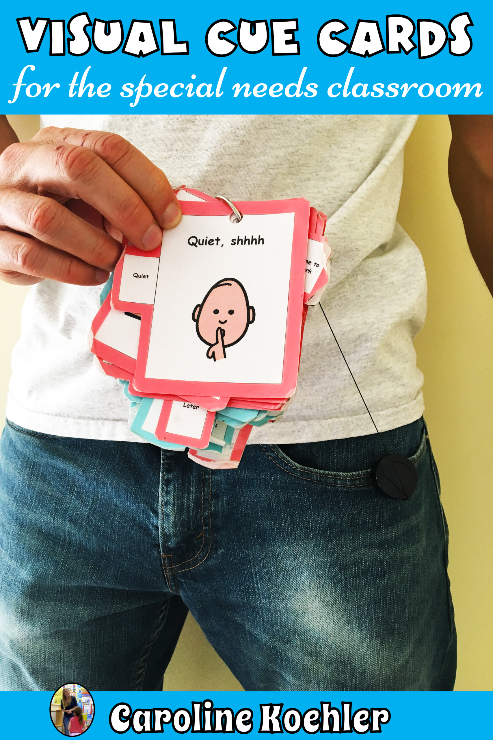 Picture of a pull tight lanyard clicked to a pocket for on the go use is a great way to help autism in the classroom.