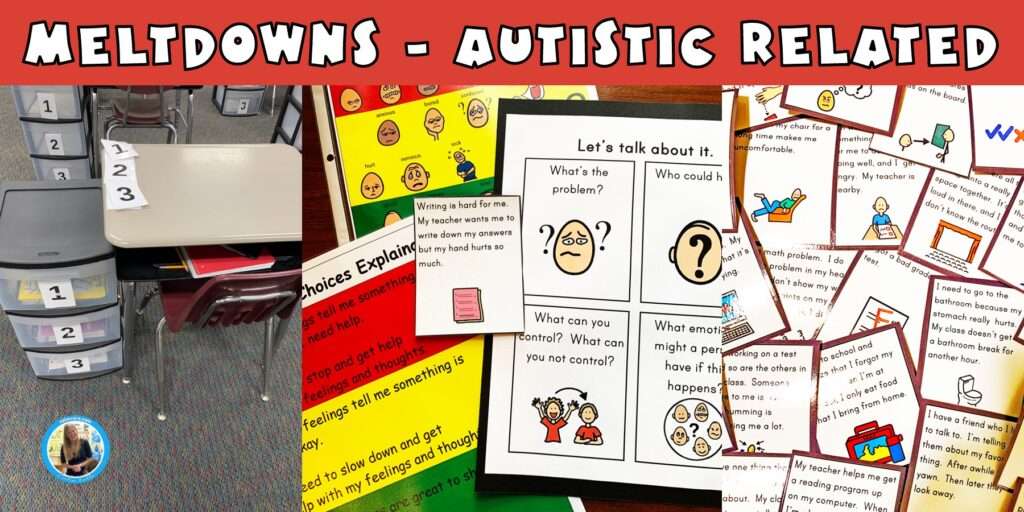 classroom picture of desk and stations, autism behavior intervention kit, autistic behavior discussion cards