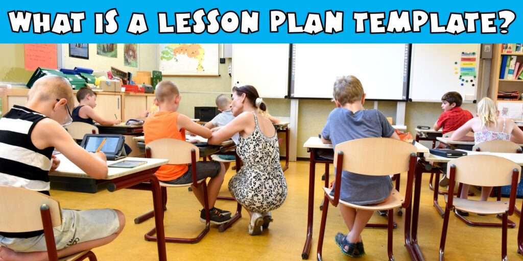 Classroom picture of students working at desks and a teacher helping a student.