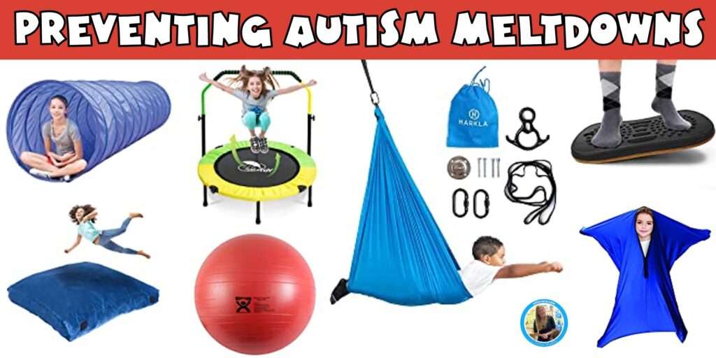 Examples of gross motor activities to help prevent autism meltdowns including a swing, a crash mat, a body sock, and a trampoline