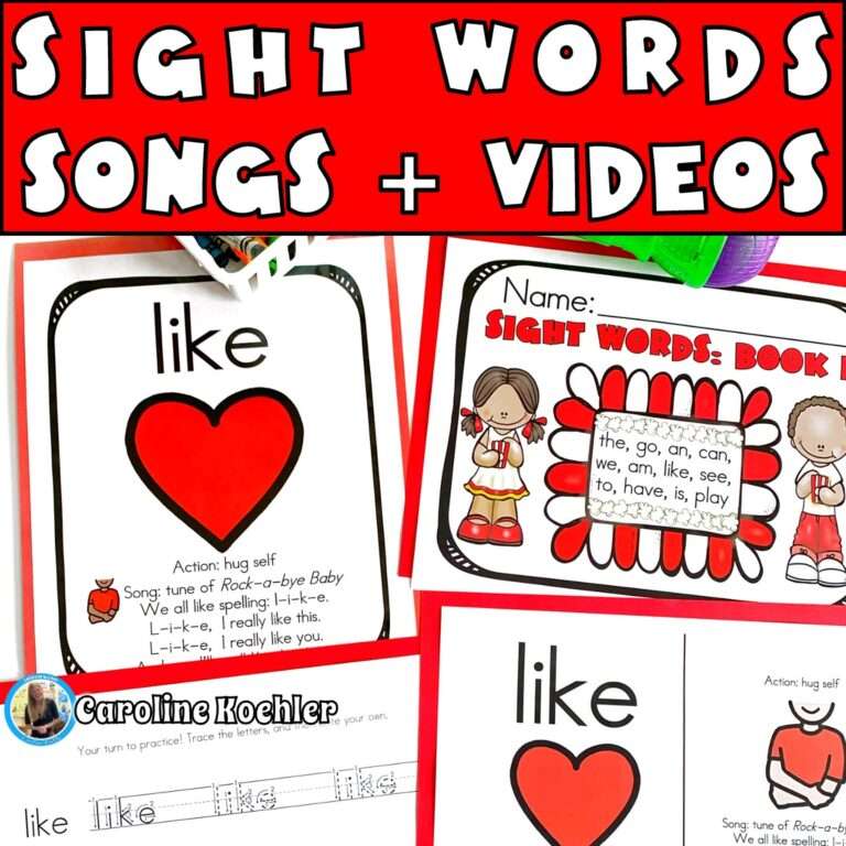 Songs for sight words flash card, writing page and book cover for the work like.