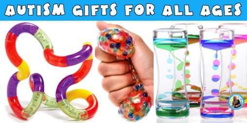 A red, purple, and yellow Tangle, a Globbie squeeze ball, and a set of colorful bubblers.