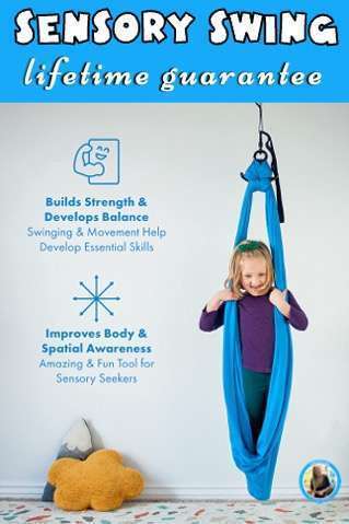 A child in a blue sling swing