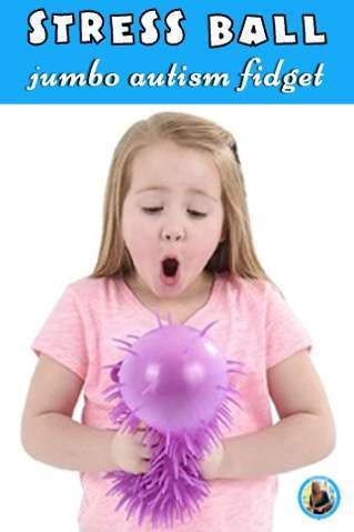 Girl squeezing a large purple stress ball.