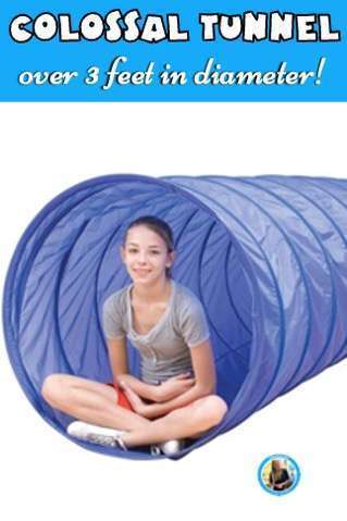 Large blue pop up tunnel with girl sitting at the opening.