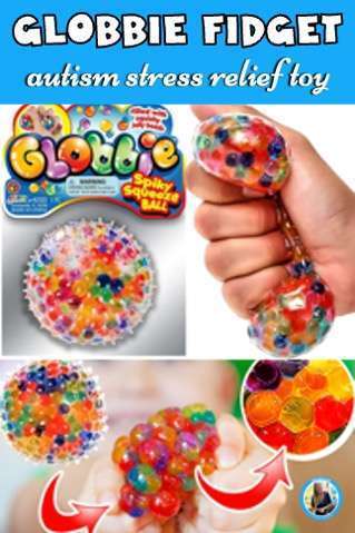 Globbie spiky squeeze ball with two different photos of a person squeezing it.