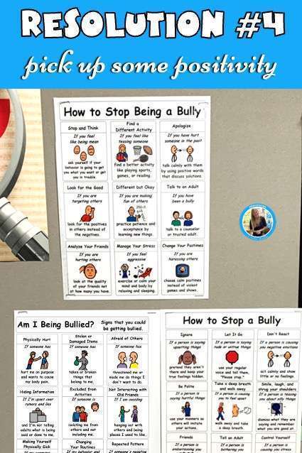 Teachers New Year's resolution number four: pick up some positivity. A bulletin board with bully posters.