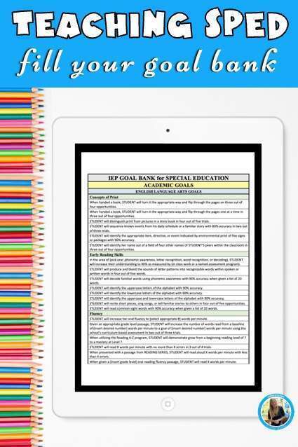 Title reads, "Teaching SPED: fill your IEP goal bank" with a picture below of an iPad and the document IEP Goal Bank for Special Education, Academic Goals on the screen. A row of colorful colored pencils line the left side of the page.