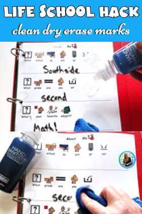 Life School Hack Clean dry erase marks showing a picture of a teacher cleaning dry erase markers off a laminated morning meeting page.