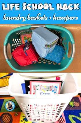 Title reads Life School Hack Laundry baskets and hampers showing pictures of a laundry basket full of lunchboxes and a clothes hamper full of big books.