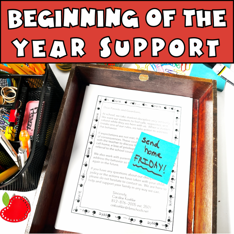 Picture of a teacher's desk with a stack of disciplinary plan papers in a tray with a sticky note saying "send home Friday!"