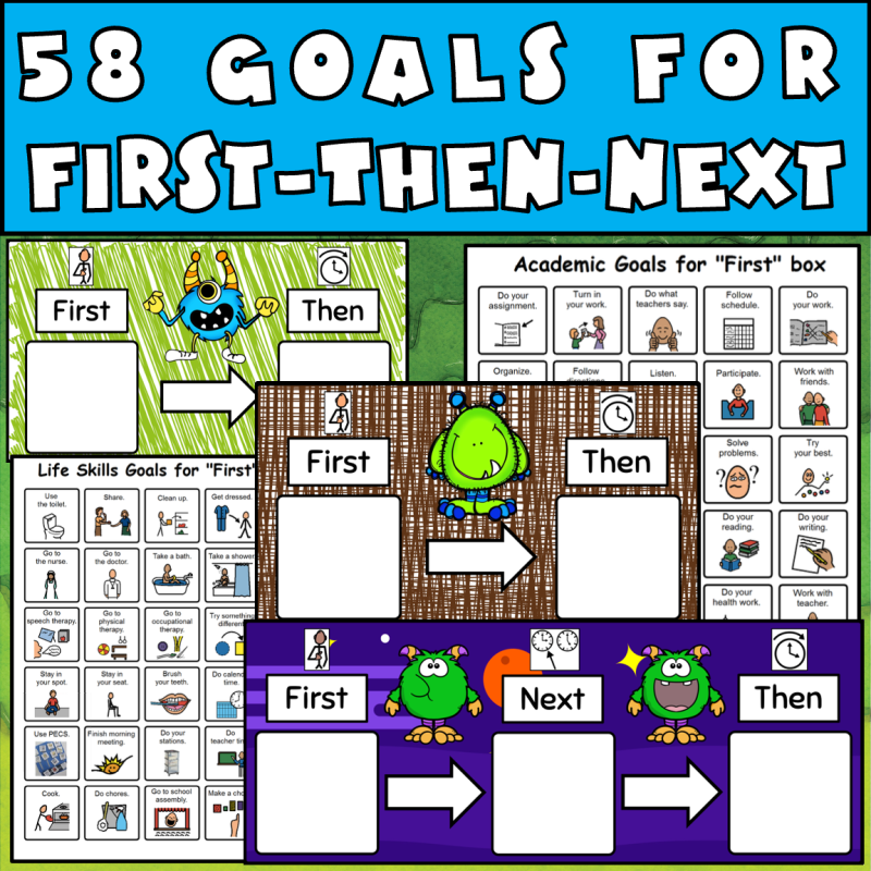 Monster-themed first then boards and token charts for autism behavior support