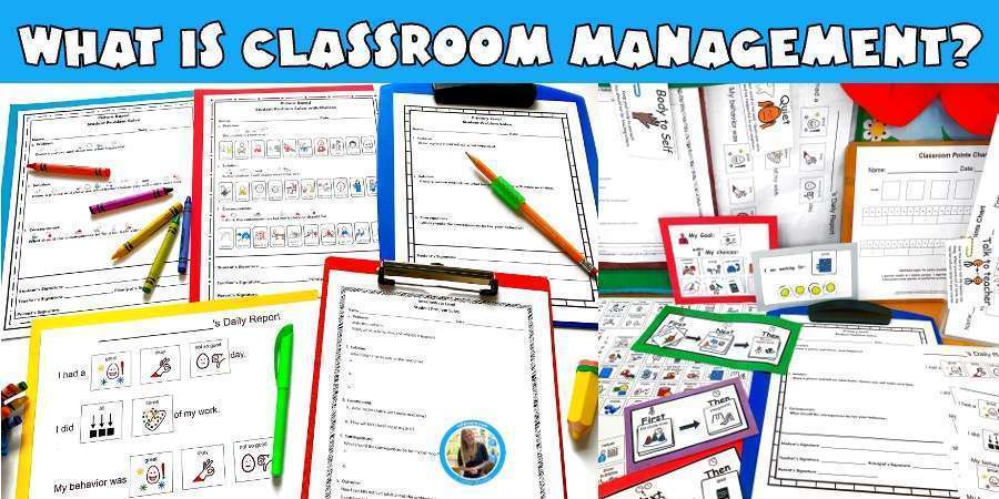 Title reads, "What is classroom management?" and shows a picture of think sheets and daily behavior reports along with a collection of effective behavior management tools for classroom teachers including First, Next, Then board, Points Pages behavior charts, I'm working for boards, classroom control cards, and token boards.