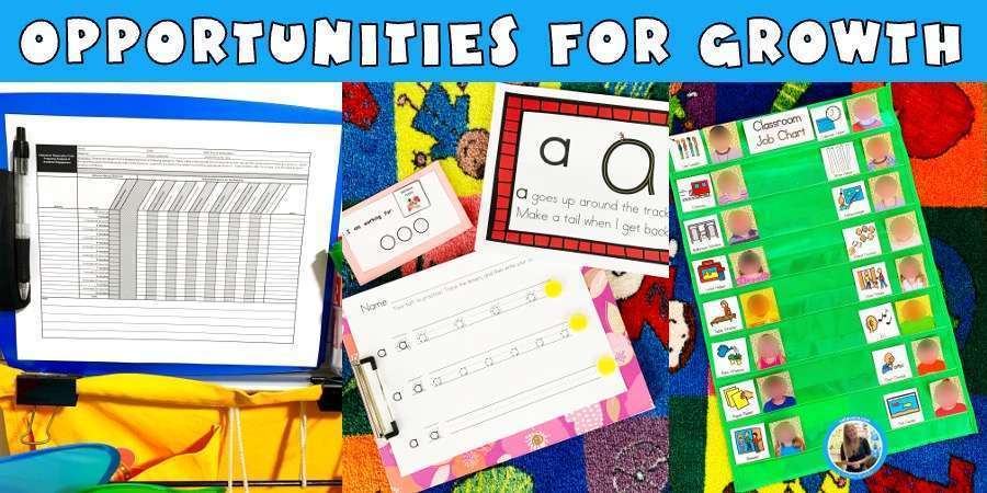 Opportunities for growth with pictures answering the question, "What is classroom management?" The photos show a frequency analysis chart for recording behaviors, an I'm working for behavior token chart, and a classroom jobs chart.
