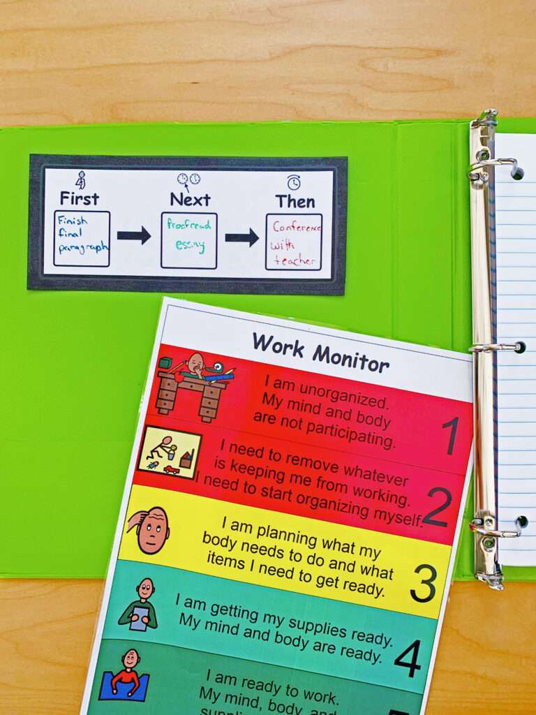 An open binder with school work and a first, next, then board tell the student what activities to do.
