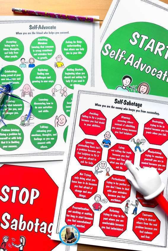 A picture showing visuals for Self-Advocate and Self-Sabotage to support behaviours in autism.