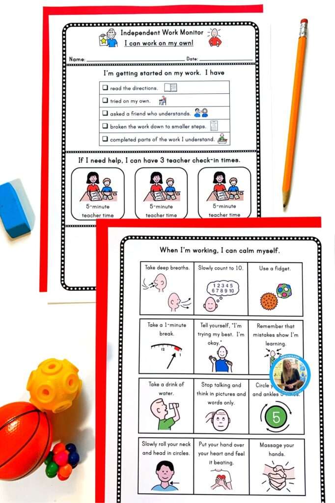 A social emotional activities support showing a page of an independent work monitor that a student can use while working and a calm down sheet.
