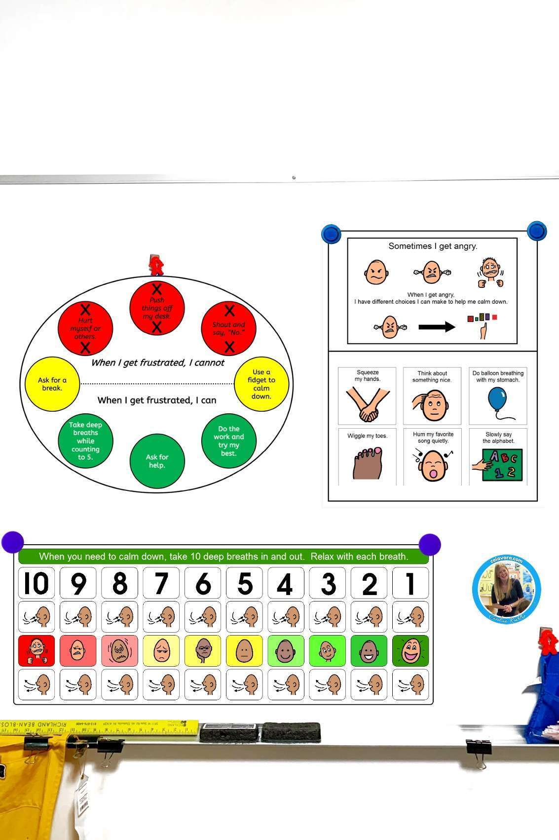 A picture of a wipe off board in a classroom with support visuals for classroom management, techniques and social emotional activities and supports.