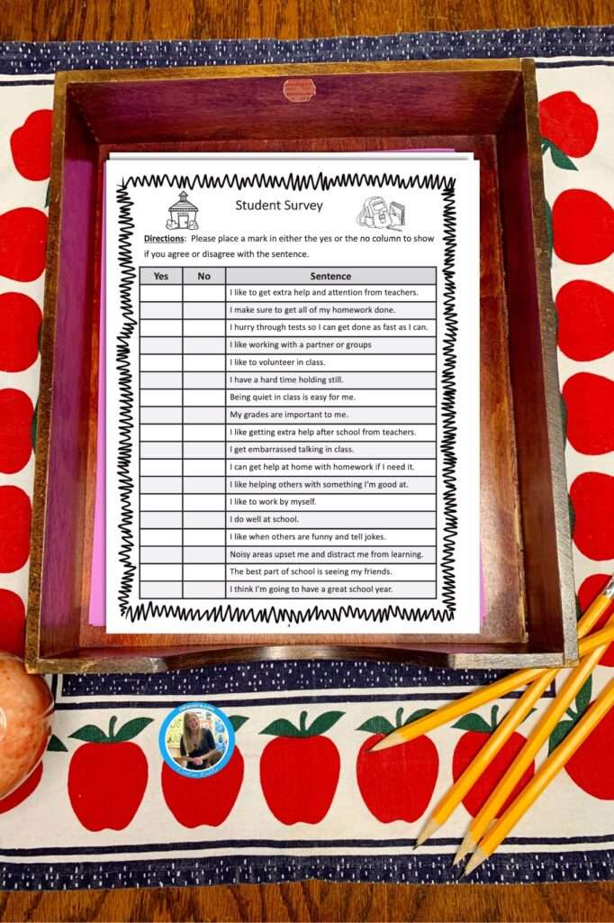Picture of a student survey on a teacher's desk