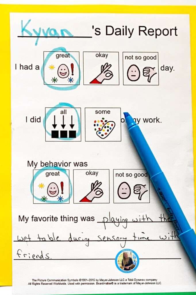 A daily notes home showing a students daily report, including I had a great day, I did all my work, my behavior was great and a note from the teacher, saying my favorite thing was playing with the wet table during since your time with friends