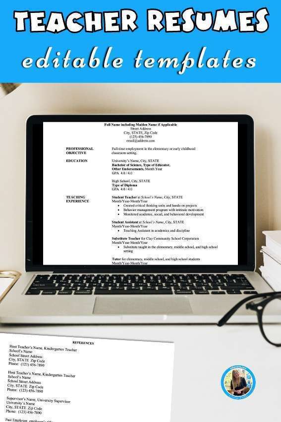 Title reads, "Teacher Resumes Editable Templates" and shows a resume elementary teacher template on a computer screen.