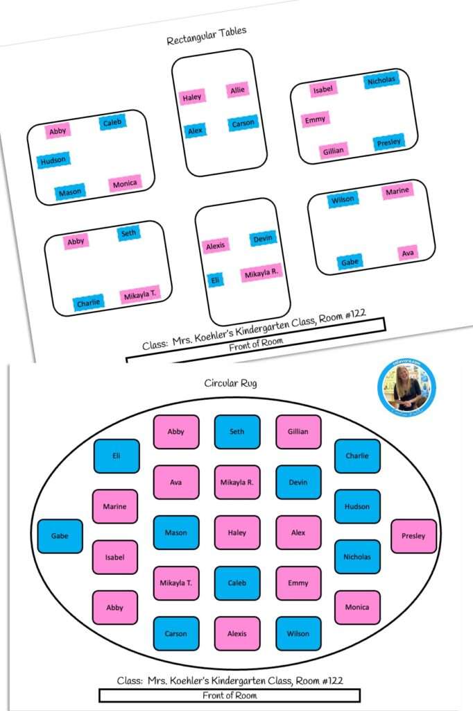 Picture showing classroom arrangement for students at rectangular desks and a circular rug.