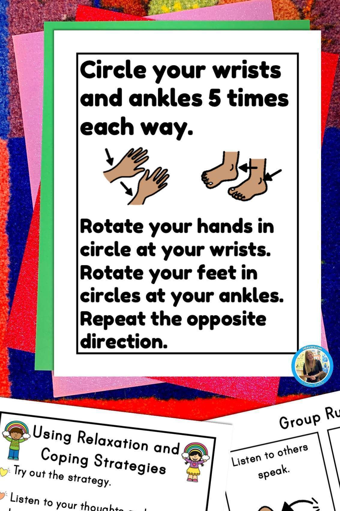 A picture showing social emotional activities, supports for behavior, intervention with the page reading, "circle. Your wrists and ankles five times each way. Rotate your hands in circles at your wrist. Bridget your feet in circles at your ankles. Repeat the opposite direction"