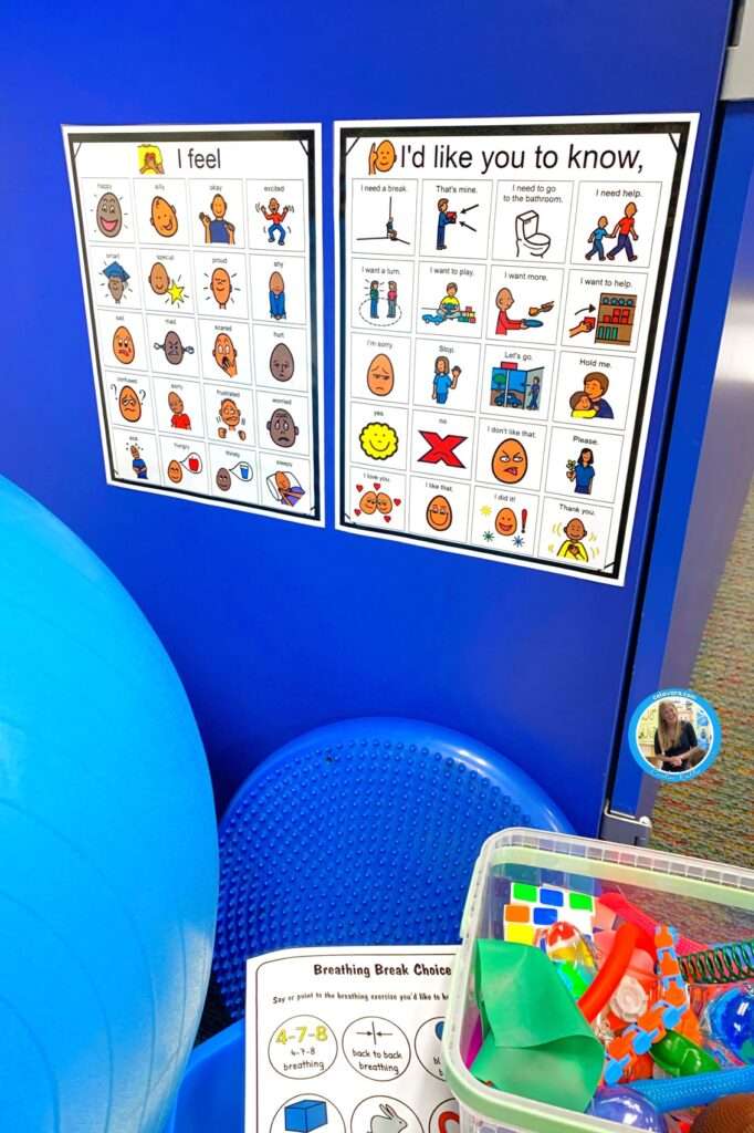 Classroom picture of a communication board for a student to express their feelings and wants and desires.