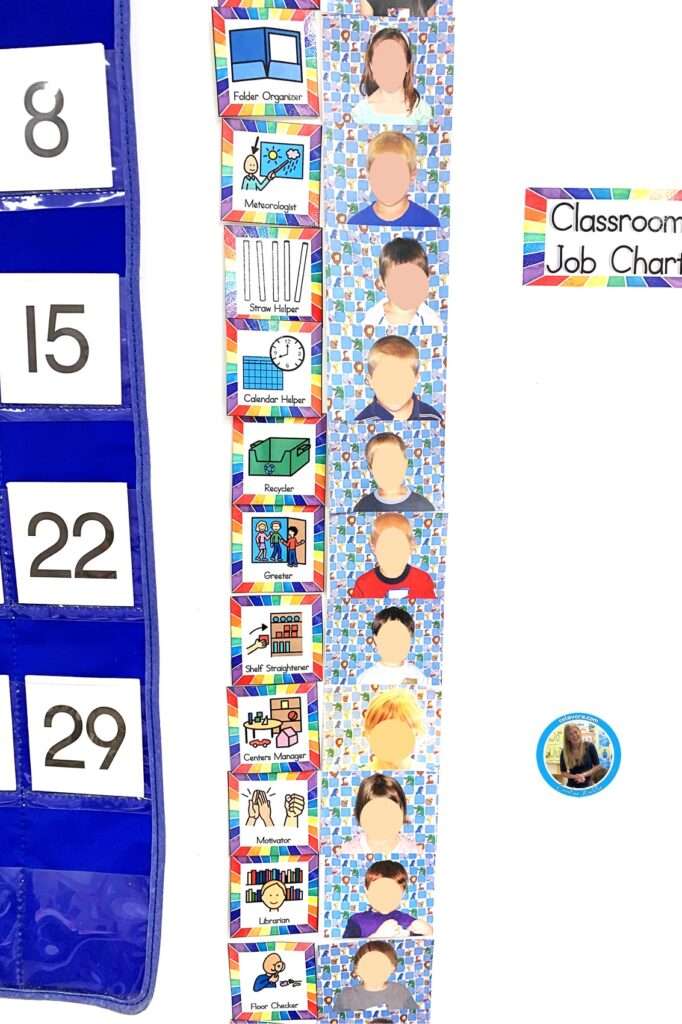 A classroom board showing a picture of classroom jobs chart for kindergartners to do helper jobs.