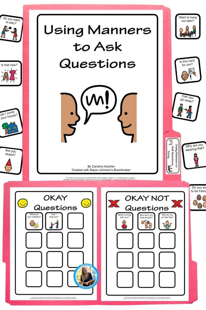 I'll hold her activities showing, "using manners to ask questions," with pictures of the front of the file folder, can you open file folder, and picture cards around it.