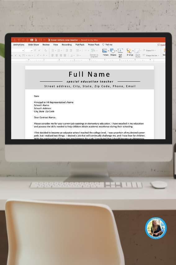 A computer screen at a desk showing an editable teacher sample cover letter.