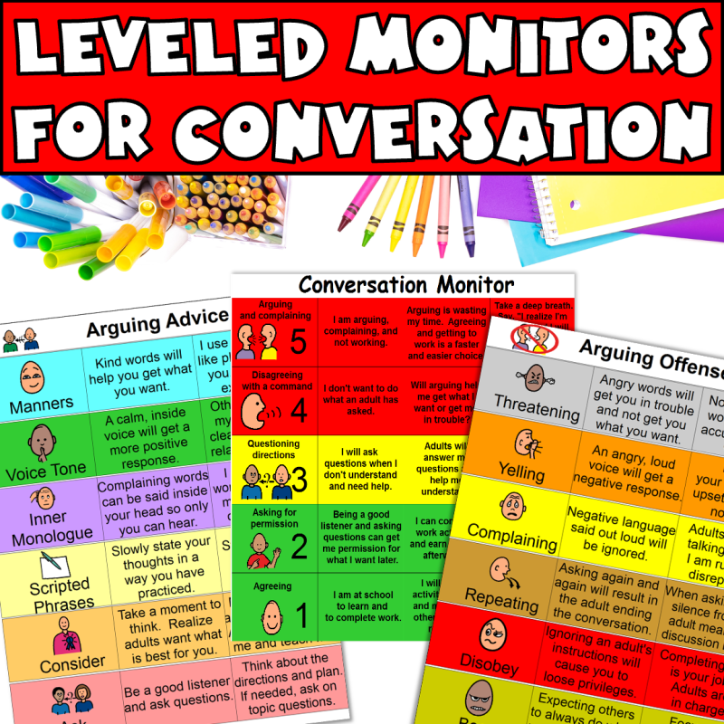 Level of monitors for conversation showing, and arguing advice grid, a conversation, monitor, and an arguing offenses grid