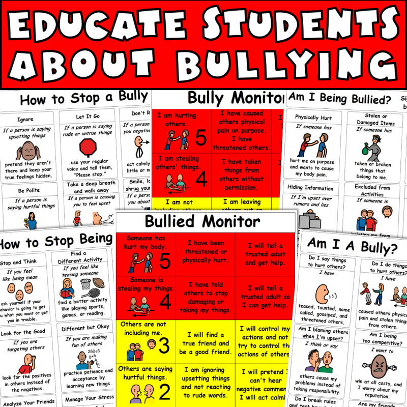 Educate students about bullying showing different bully support visuals.