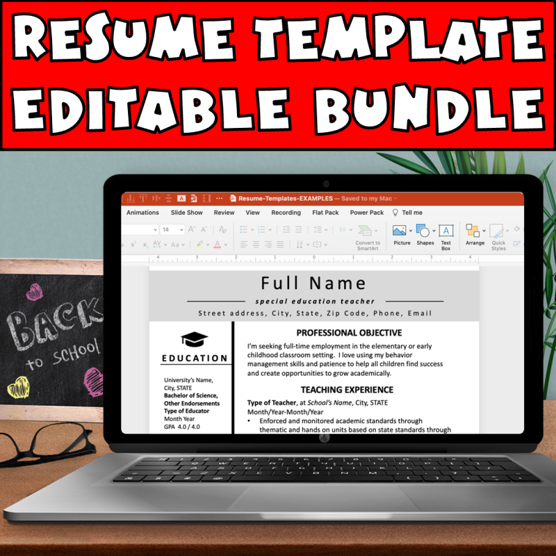 Résumé template, editable, bundle, showing a teacher's résumé up on a laptop computer with the career objective's teacher needs to include.
