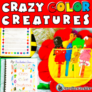 Crazy color creatures, showing a picture of crazy color creature puppets, lesson plans, and printable books in a teacher's pocket chart.