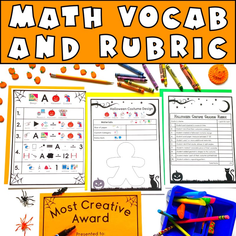Math, vocab and rubric showing easy Halloween stem projects, Halloween costume in a classroom