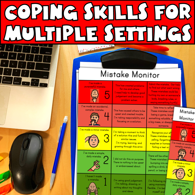 Coping skills for multiple settings show me a picture of a mistake monitor on the clipboard next to a computer workstation.