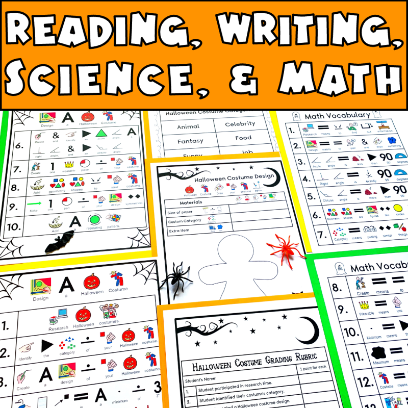 Reading, writing, science, and math showing fun Halloween stem activities in the classroom where is student is using different papers to make a Halloween costume design