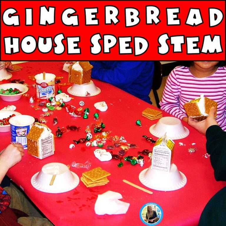 Gingerbread stem activities and gingerbread house, sped stem showing students making gingerbread houses on milk, cartons with graham crackers, icing, and candy.