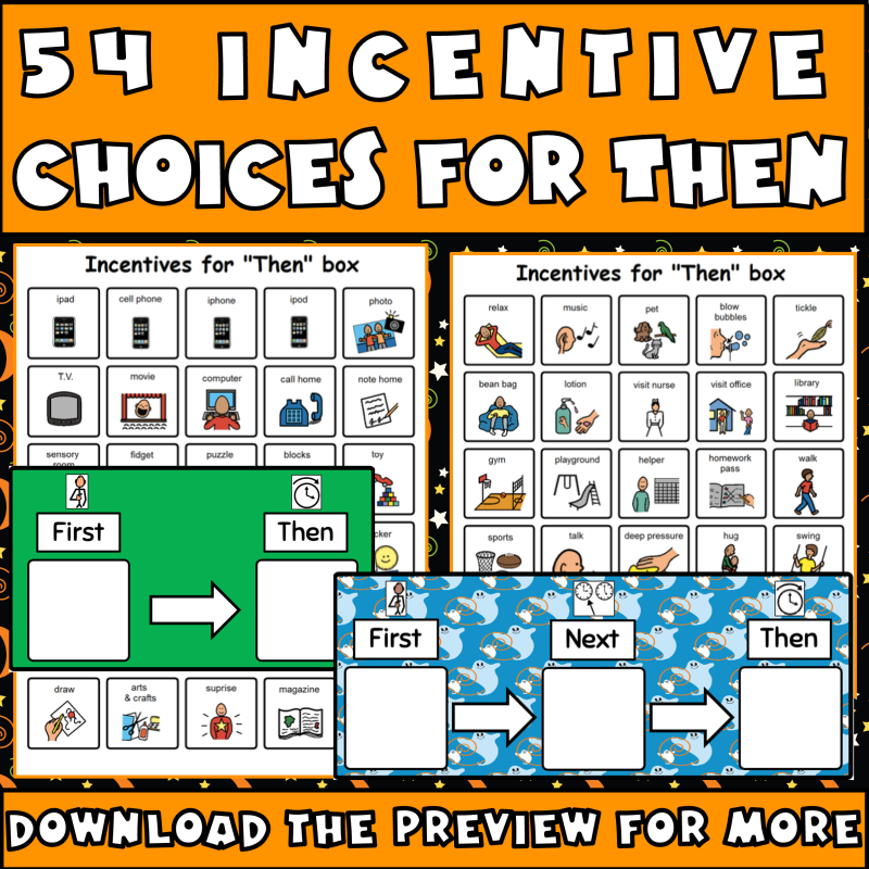54. Instead of choices for then box on first, then boards, showing first thing and first next, then Halloween themed boards and incentive pages as Halloween ideas for autism.