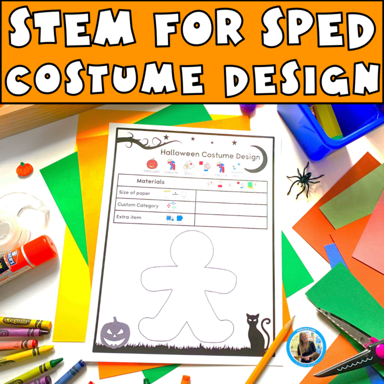 Halloween stem lesson for spared costume design, showing a picture of a student work area with a Halloween costume design page and drawling materials.