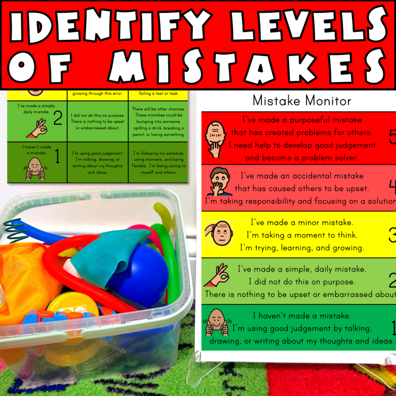 Identify levels of mistakes, showing a picture of a mistake, monitor and a sensory area and another mistake poster on the back wall.