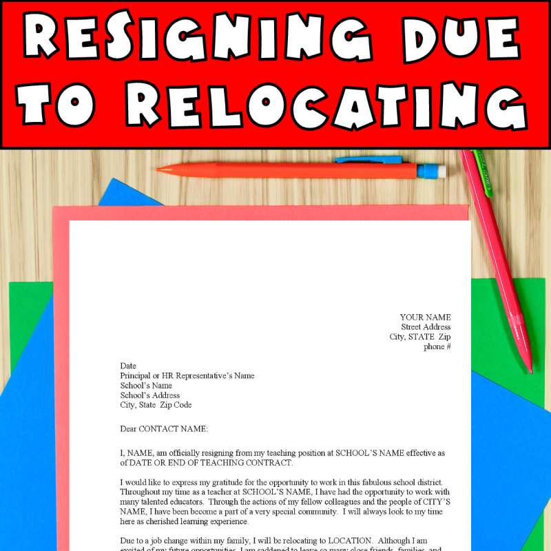 Resignation letter for teacher example for resigning due to relocating.