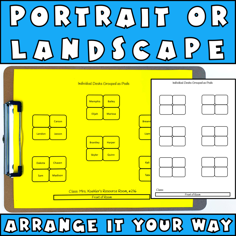 A seating chart, classroom template shown in portrait or landscape with a clipboard of individual desks, saying arrange it your way.