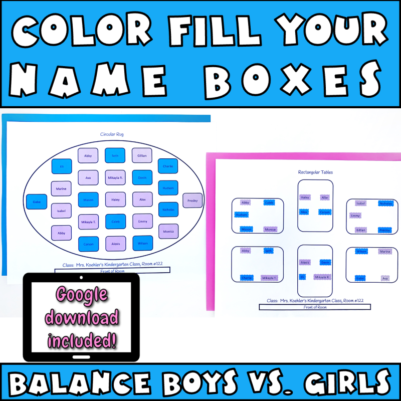Color fill your name boxes, balance boys versus girls in this seating chart template classroom set with pictures of a circular rug, seating chart, and rectangular table seating chart.