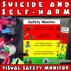 Suicide and self harm prevention with a picture of a safety monitor on a classroom work area.